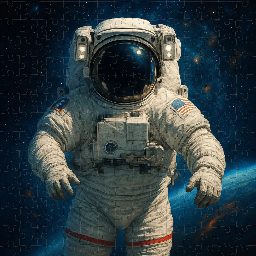 The image depicts an astronaut in a classic white space suit floating in the vastness of space.