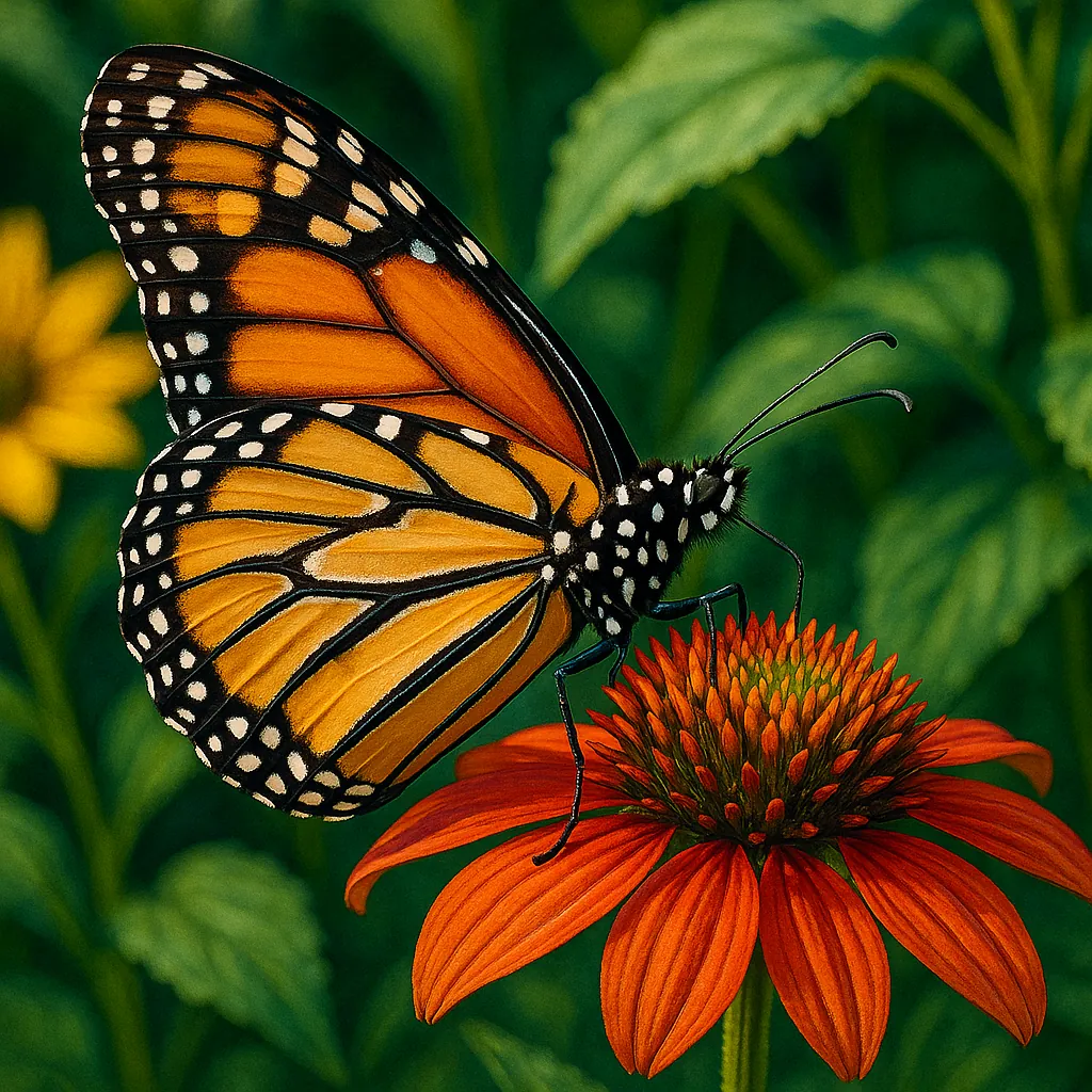 A striking image captures a butterfly perched gracefully on a vivid orange flower.