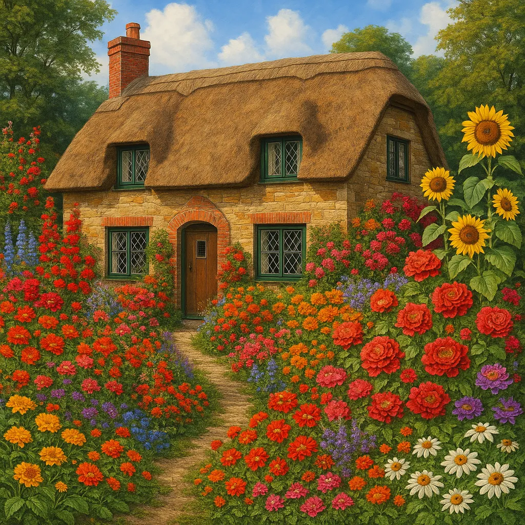 This image depicts a quaint cottage with a thatched roof, nestled amidst a vibrant flower garden.