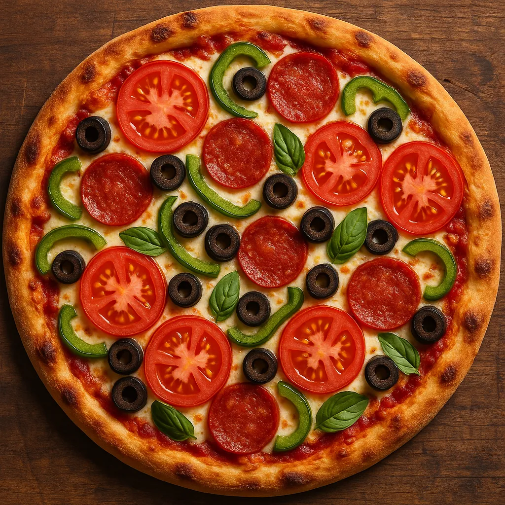 This image showcases a vibrant homemade pizza, artfully topped with an array of fresh ingredients.
