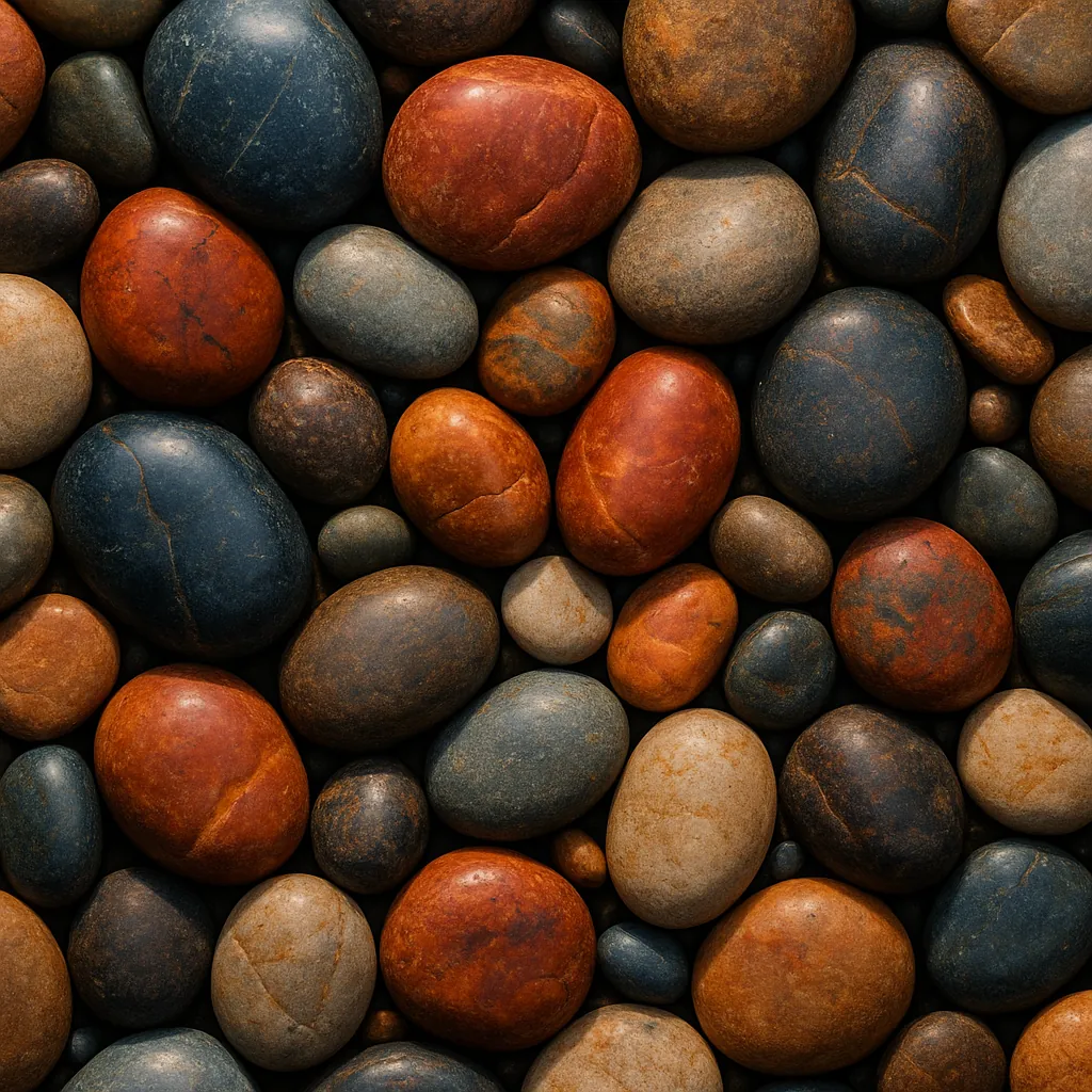 This image showcases a collection of smooth river stones, each displaying a variety of earthy tones.