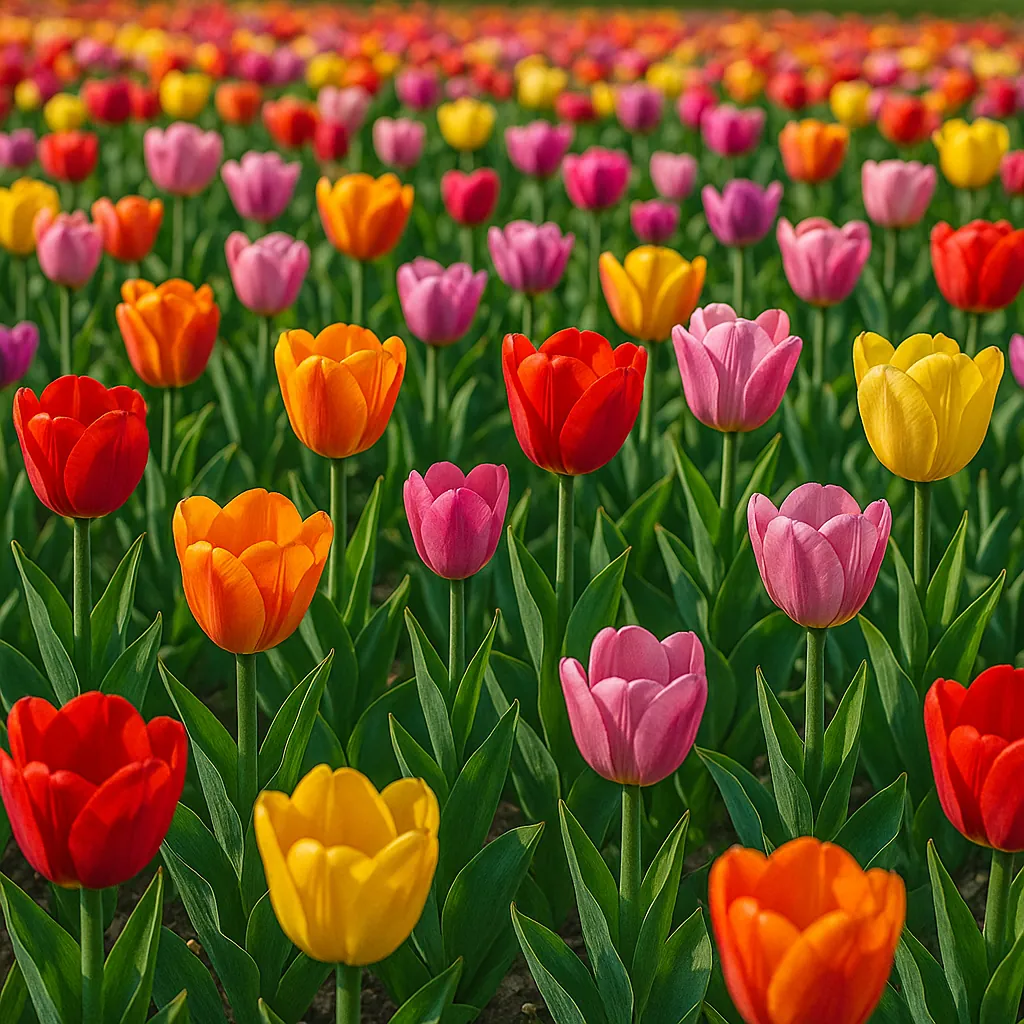 This vibrant image captures a sprawling field of tulips in full bloom, showcasing a stunning array of colors including red, orange, yellow, and pink.
