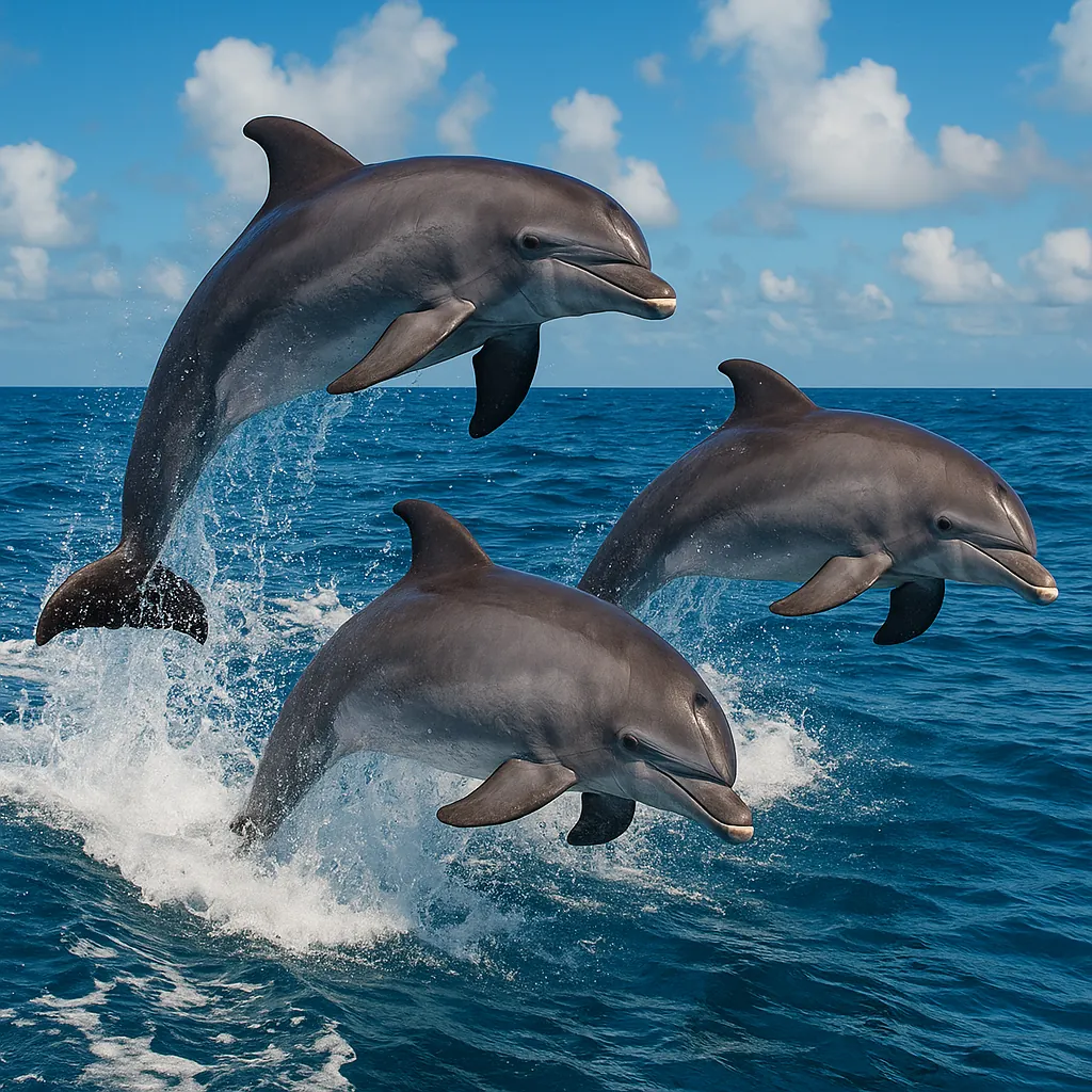 The image captures three dolphins energetically leaping out of the ocean against a backdrop of clear blue skies and scattered clouds.
