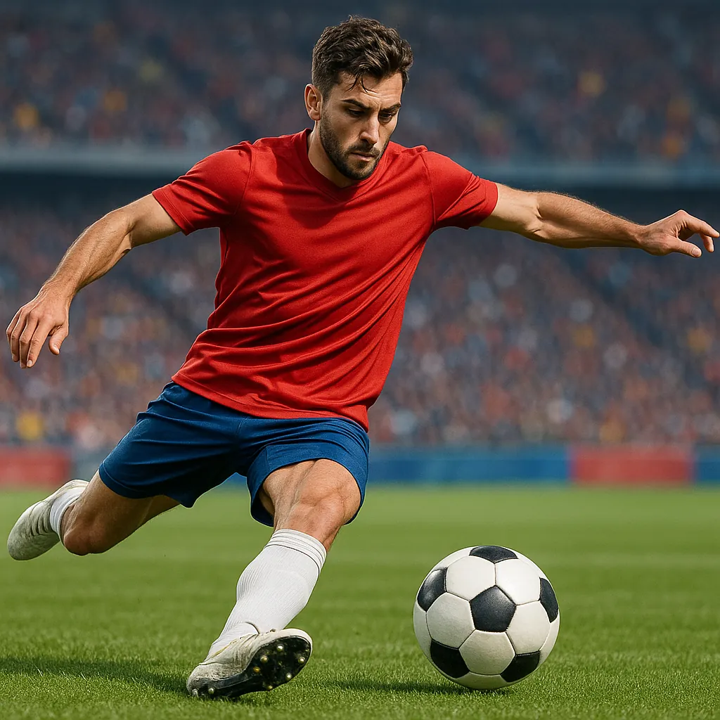 The image captures a soccer player in mid-action as he prepares to kick a soccer ball.