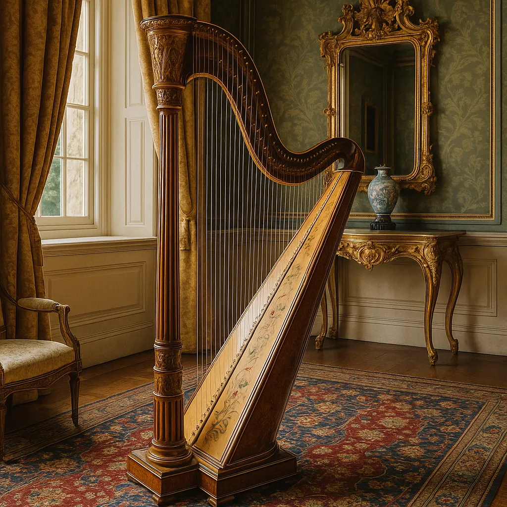 This image features a beautifully crafted harp positioned in an opulent room.