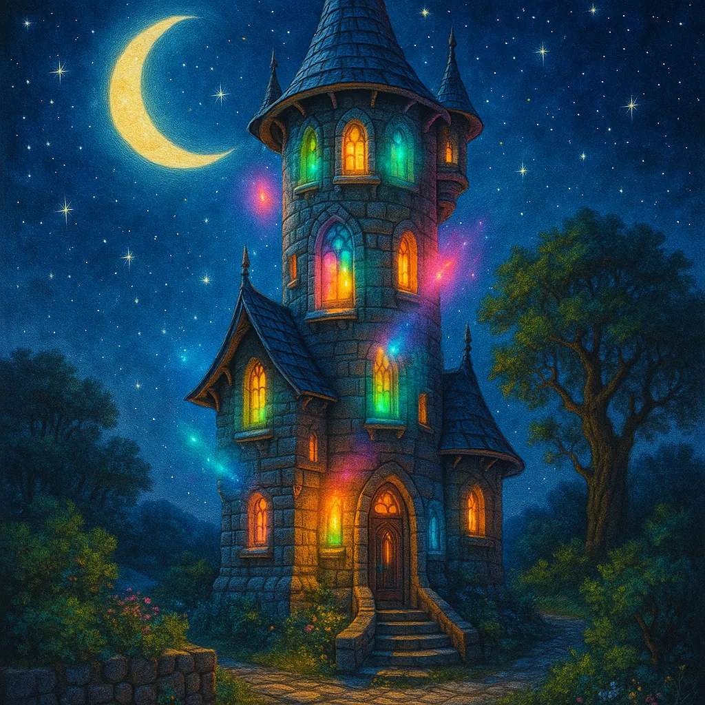 This image features a mystical wizard tower illuminated by a variety of magical lights.