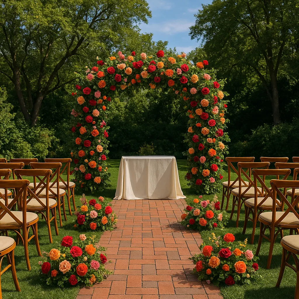 The image depicts a beautifully arranged outdoor wedding ceremony setup.