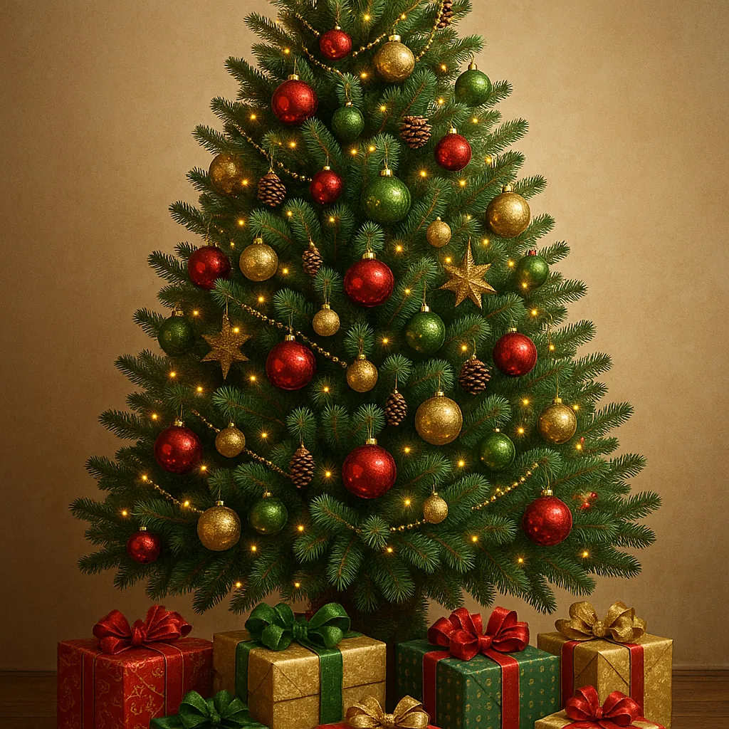 This image showcases a beautifully decorated Christmas tree, adorned with an array of colorful ornaments.