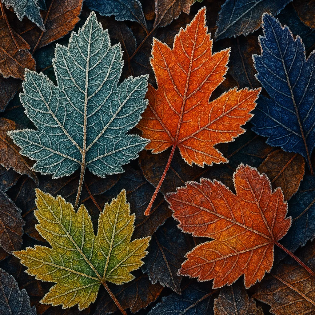 This image showcases a stunning display of autumn leaves adorned with delicate frost patterns.