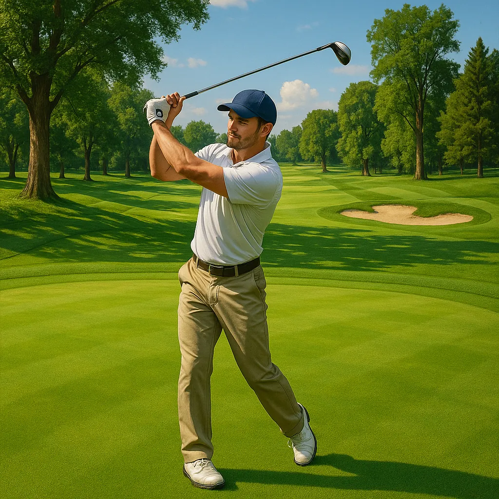 The image captures a golfer in mid-swing on a vibrant and well-maintained golf course.