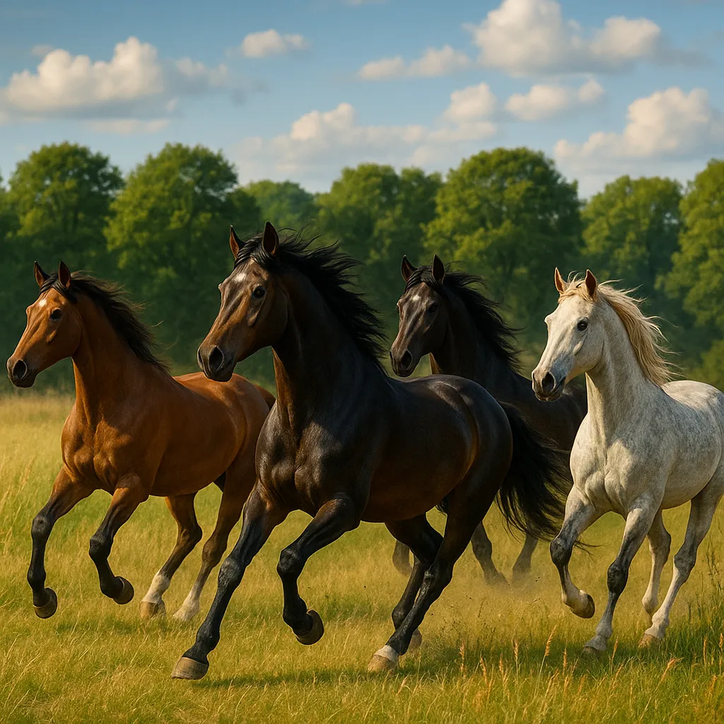 A group of elegant horses gallops through a sunlit field, showcasing their strength and grace.