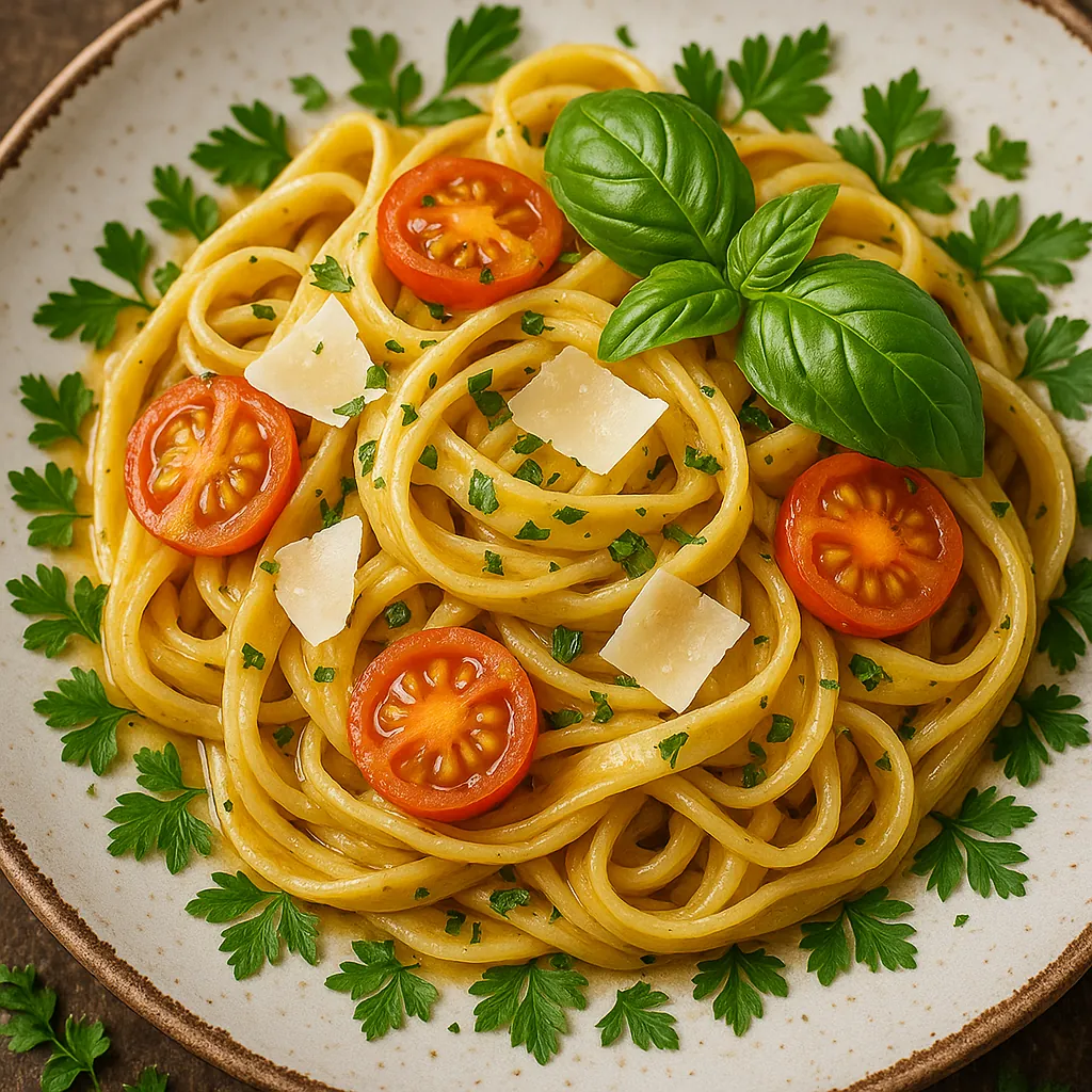 This image showcases a beautifully plated gourmet pasta dish, elegantly presented on a rustic ceramic plate.
