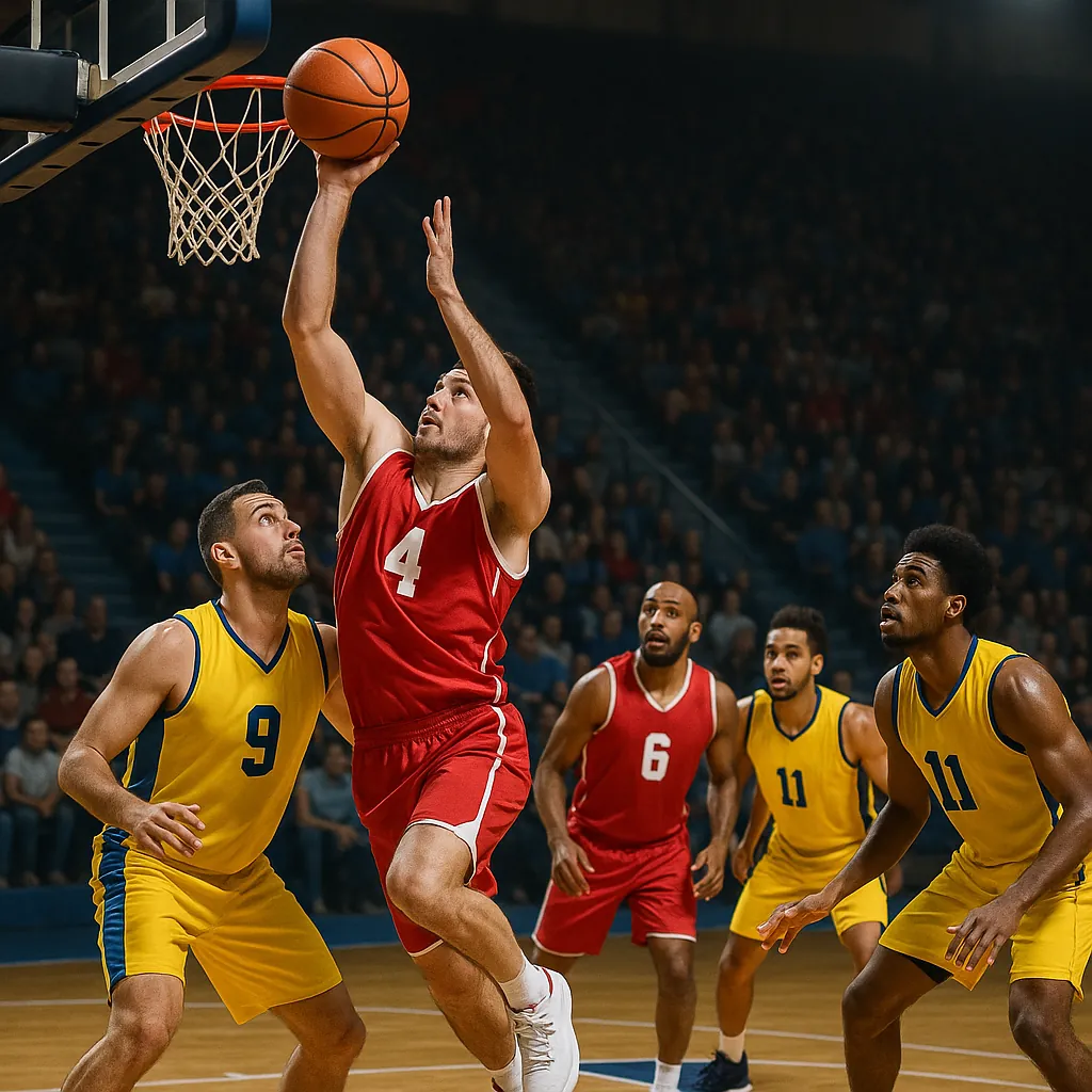 The image captures a dynamic moment in a basketball game, featuring players in mid-action.