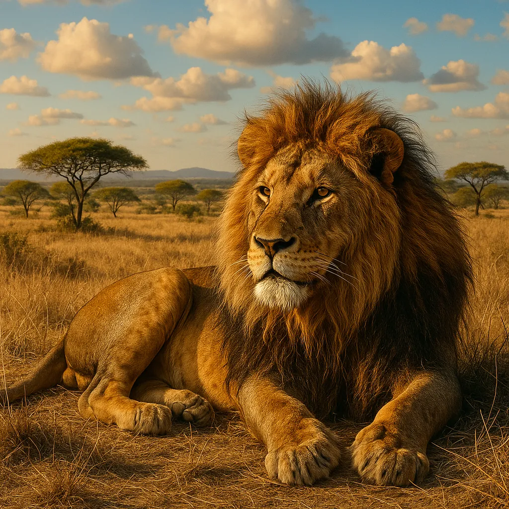 This image captures a majestic lion resting in the expansive African savanna.