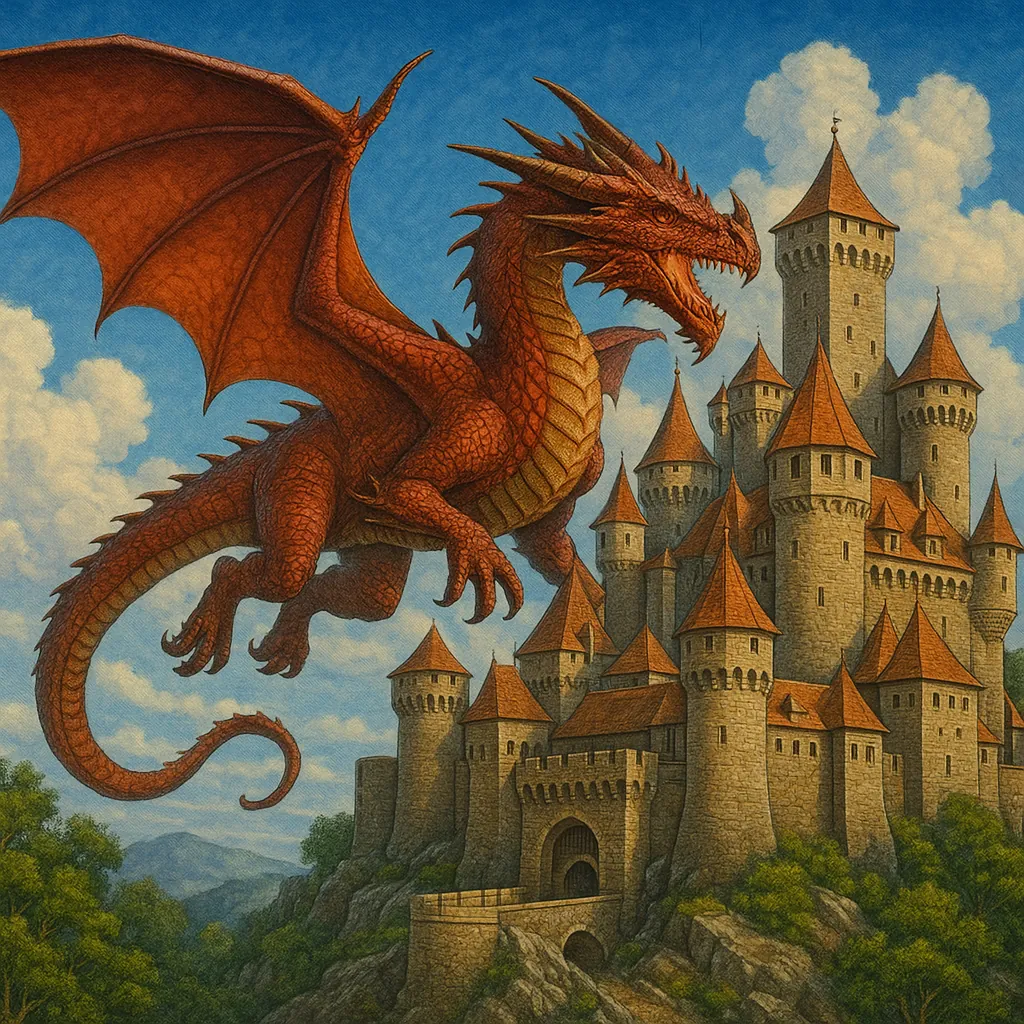 A vibrant red dragon soars gracefully over an expansive medieval castle, creating a scene of fantasy and wonder.
