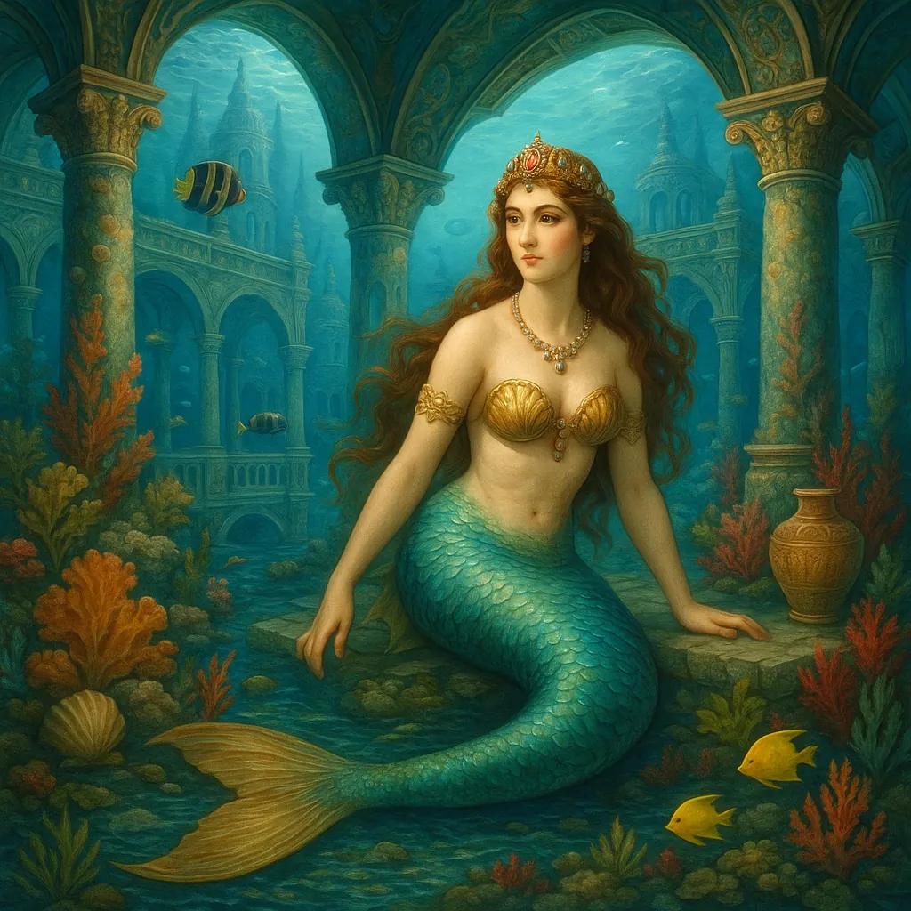 The image depicts a serene underwater scene featuring a captivating mermaid seated gracefully within an ancient palace.