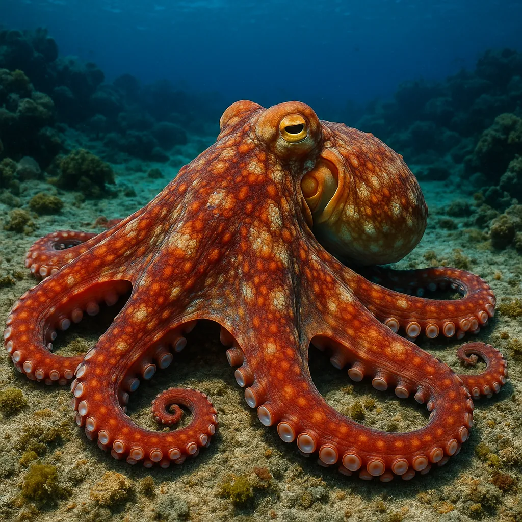 A vibrant octopus rests gracefully on the ocean floor, displaying its striking orange and red hues against the muted browns of the sandy seabed.