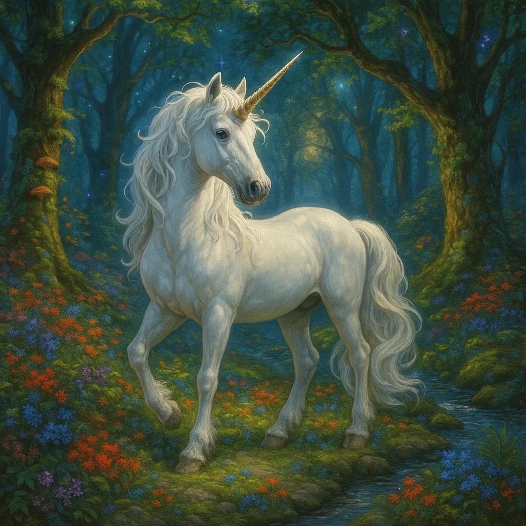 This captivating image portrays a stunning unicorn standing gracefully in an enchanted forest.