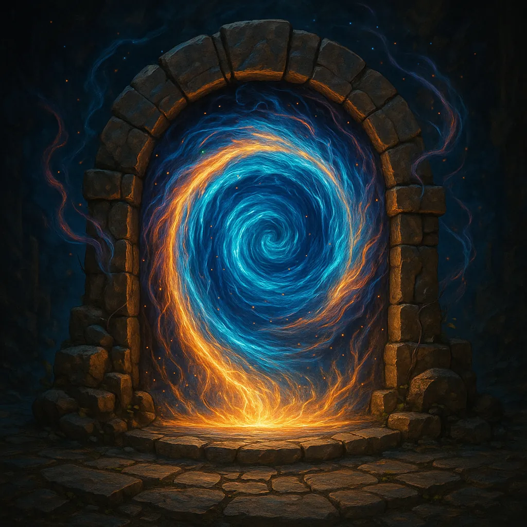 This image depicts a mesmerizing portal embedded within a rustic stone archway.