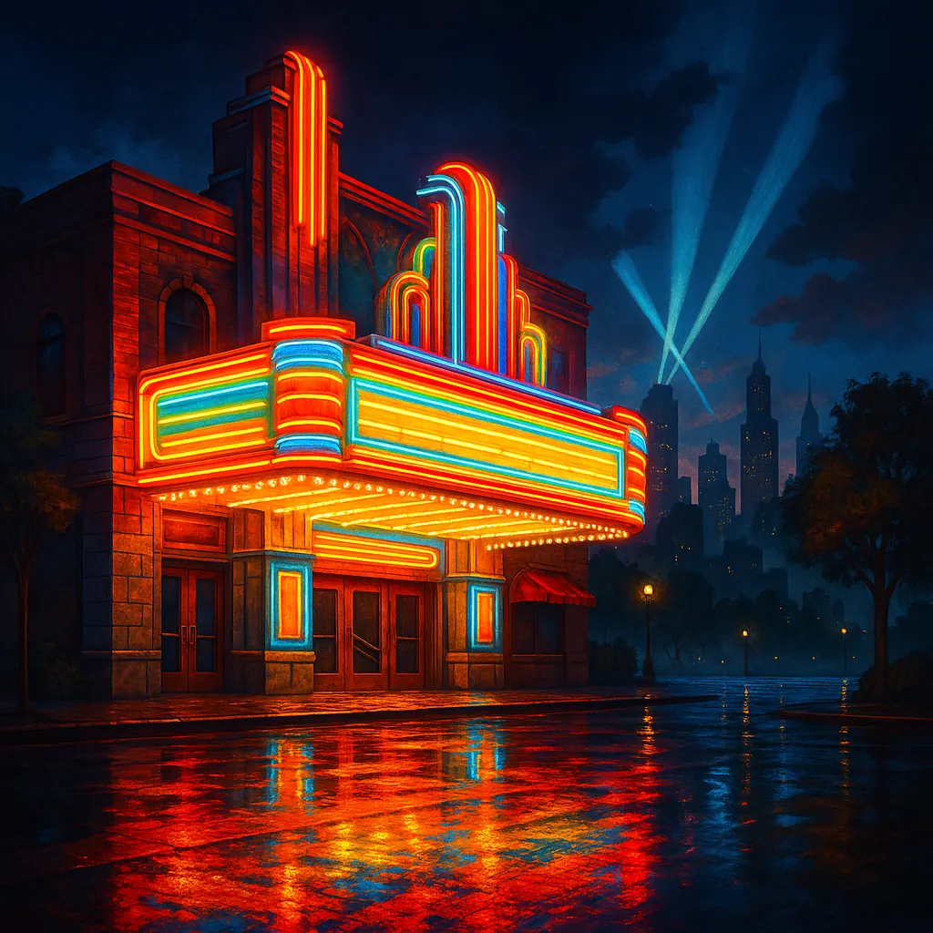 This image captures a vibrant cinema marquee illuminated by neon lights, casting colorful reflections on a wet pavement.