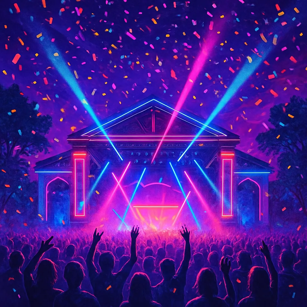 The image captures a lively music festival at night, featuring a vibrant stage illuminated by neon lights in a synthwave palette of pinks, purples, and blues.