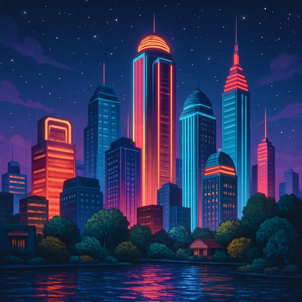 This image features a retro-futuristic city skyline with glowing neon towers under a starry sky, presented in a square composition.