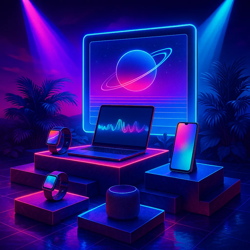 This image showcases a retro-futuristic tech stage bathed in vivid synthwave colors.