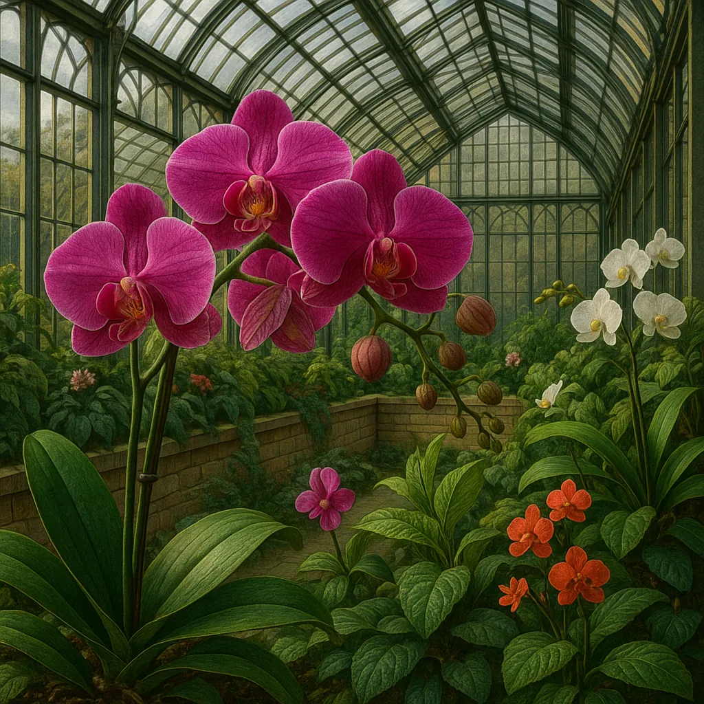 This image captures a tranquil greenhouse filled with vibrant orchids.