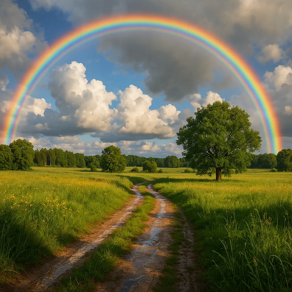 A vibrant rainbow arches across a serene summer landscape, set against a backdrop of fluffy white clouds and a bright blue sky.