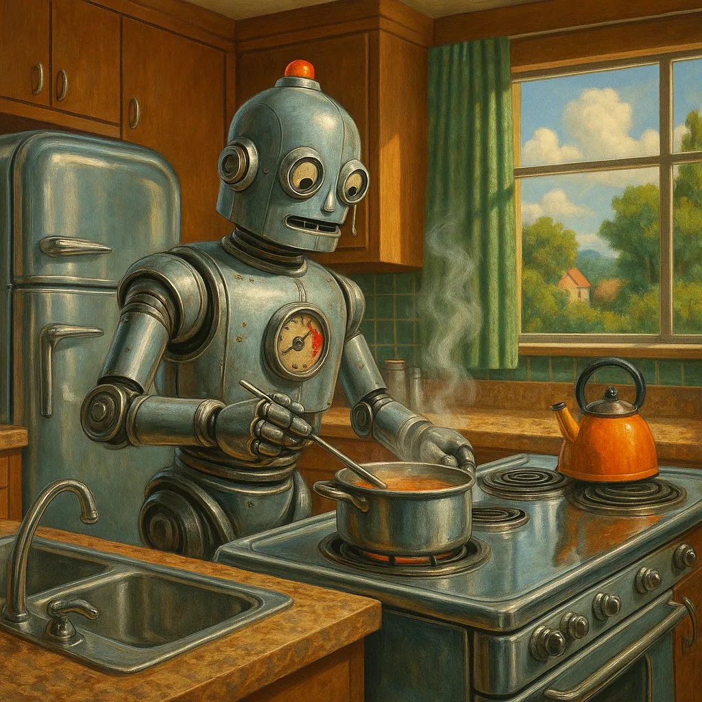 This image features a 1950s-inspired robot cooking in a retro-futuristic kitchen.