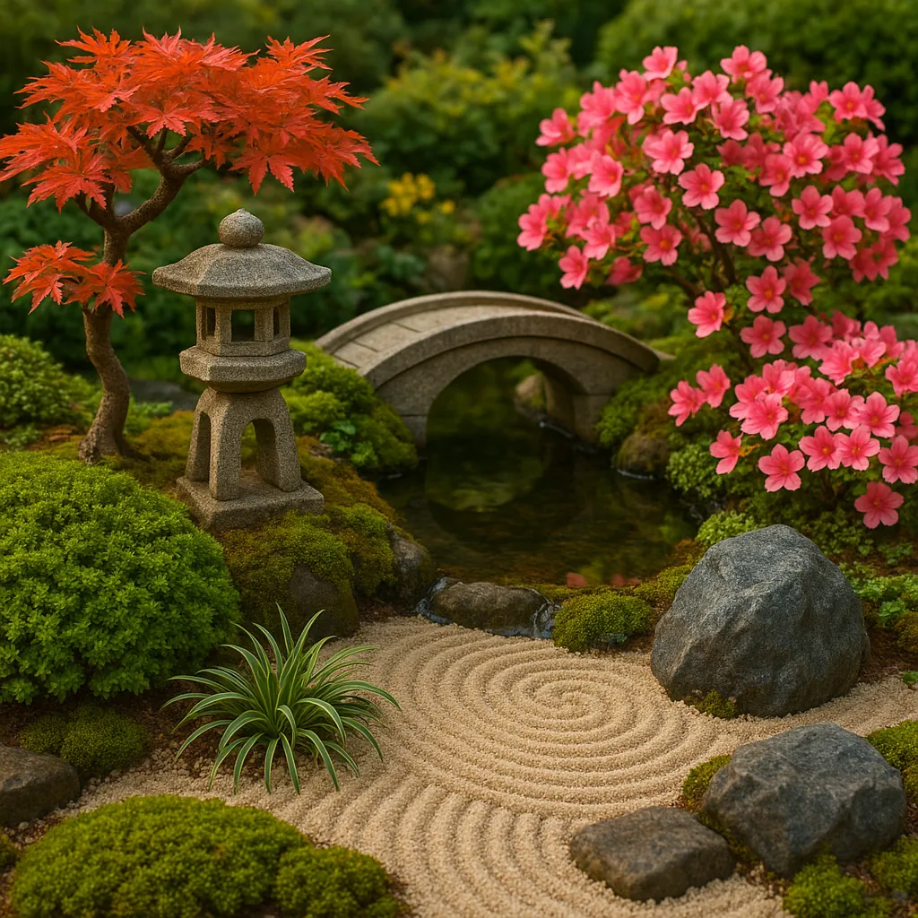 This image features a beautifully crafted miniature Japanese garden, capturing the essence of tranquility and balance.