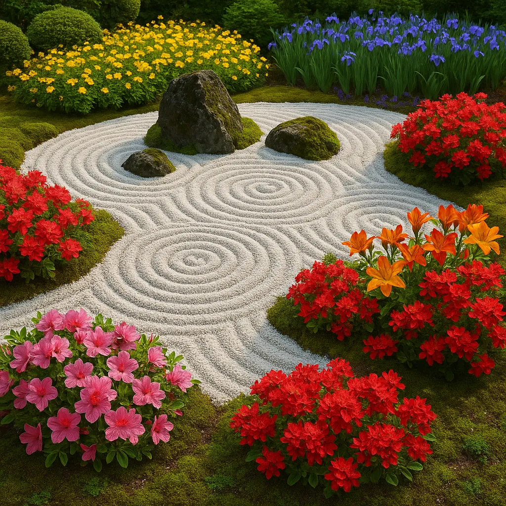This image captures a tranquil Japanese zen garden featuring meticulously raked white gravel arranged in circular patterns around moss-covered rocks.