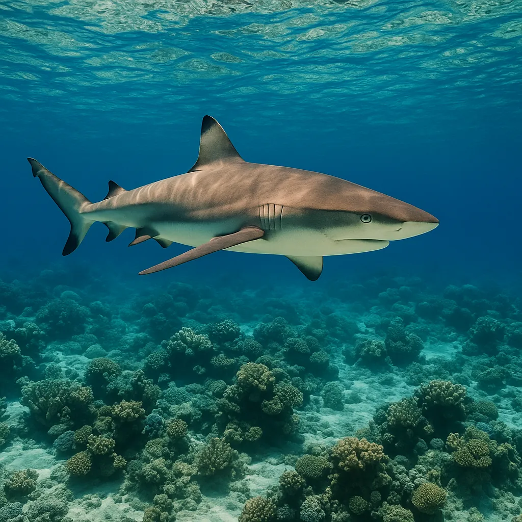 A shark gracefully swims through crystal-clear waters, showcasing its streamlined body and powerful fins.