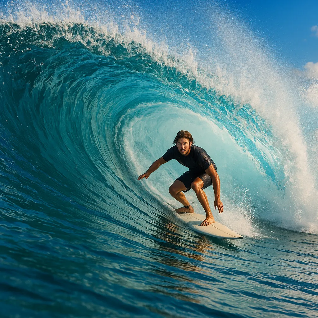 A dynamic image captures a surfer skillfully navigating a powerful ocean wave.