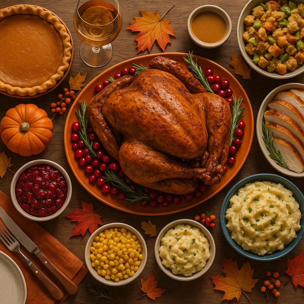 This image captures a beautifully arranged Thanksgiving dinner table featuring a golden-brown roasted turkey as the centerpiece.