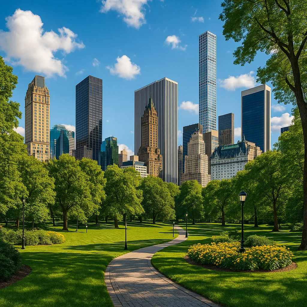 This image captures a serene city park juxtaposed against a backdrop of towering skyscrapers.