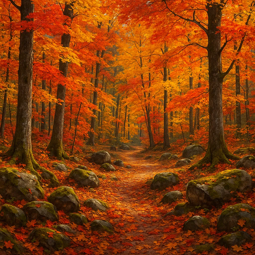 This image captures a serene autumn forest scene, characterized by a pathway winding through a dense array of trees.