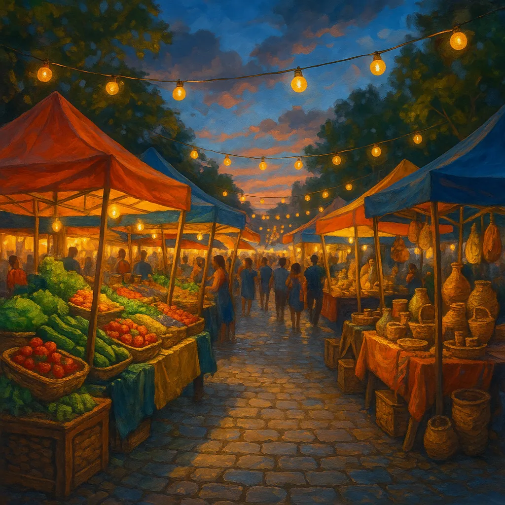 This image captures a lively summer street market at dusk, featuring vibrant stalls with colorful canopies.