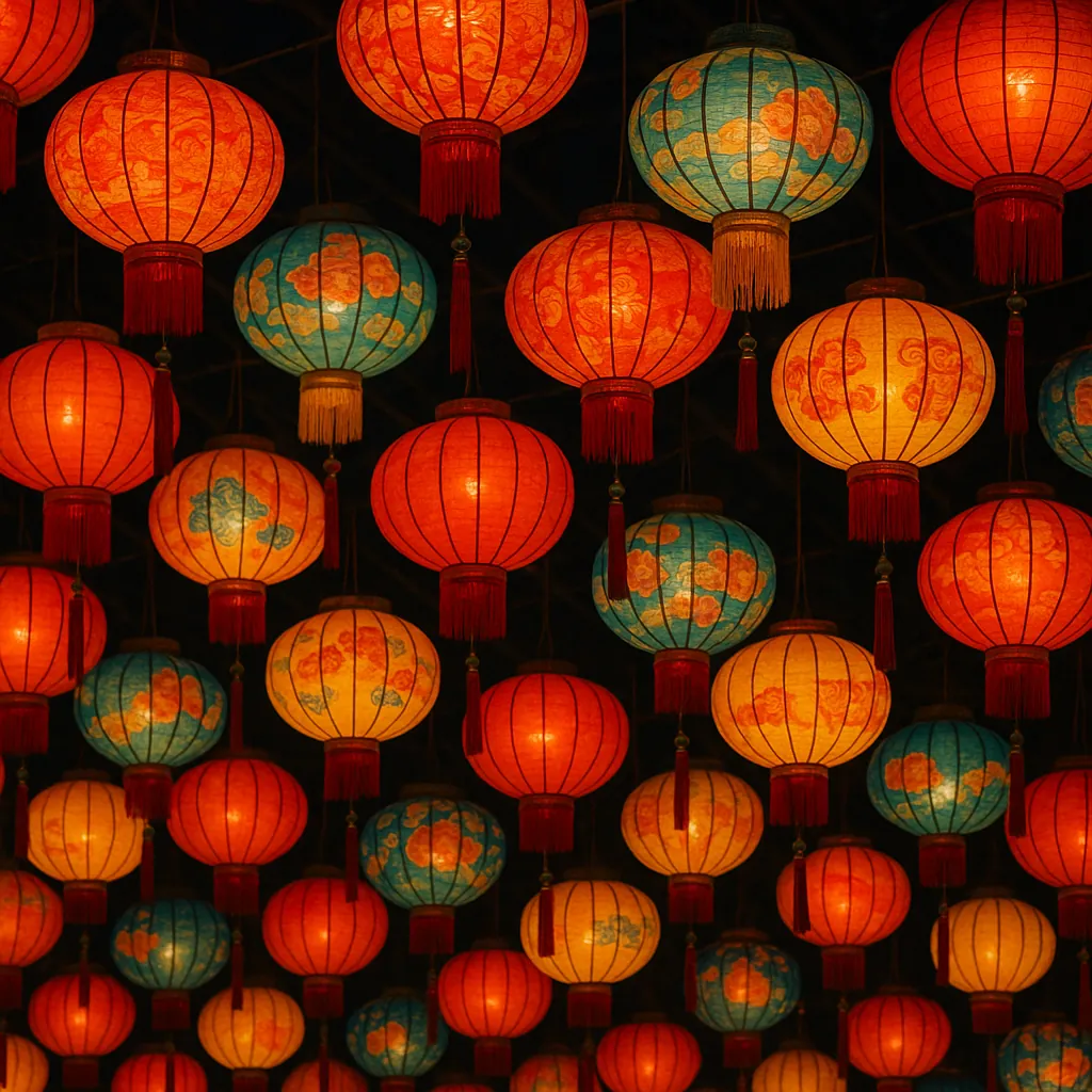 A captivating display of decorative lanterns illuminates the night sky, creating a warm and festive atmosphere.