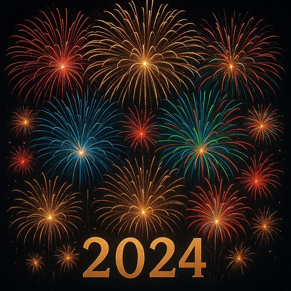 The image captures a stunning fireworks display set against a dark night sky, symbolizing the arrival of the year 2024.