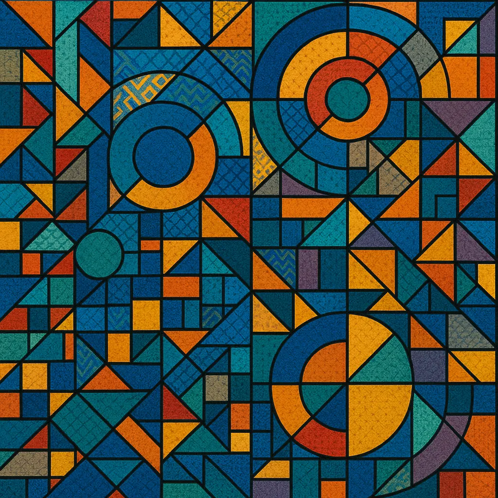 This image showcases a vibrant array of geometric patterns, featuring a mix of circles, triangles, and rectangles.