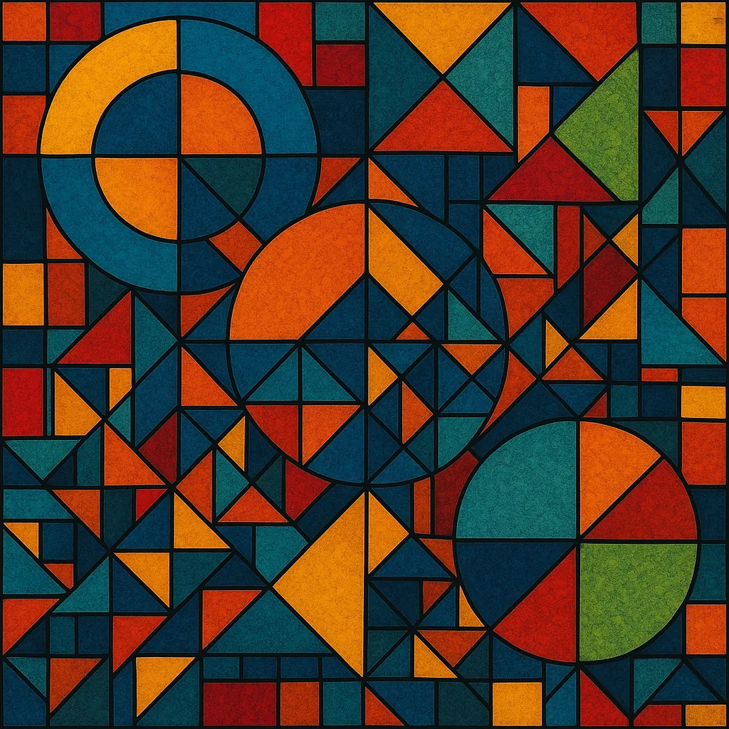This captivating image showcases a dynamic arrangement of geometric shapes, featuring circles, triangles, and squares in a harmonious blend.