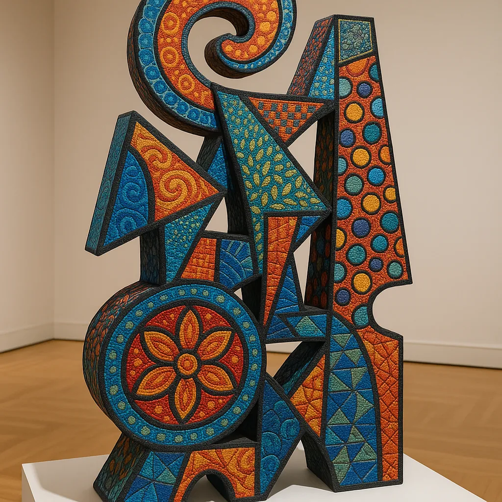 This sculpture is an intricate assembly of geometric shapes, showcasing a vivid interplay of colors and patterns.