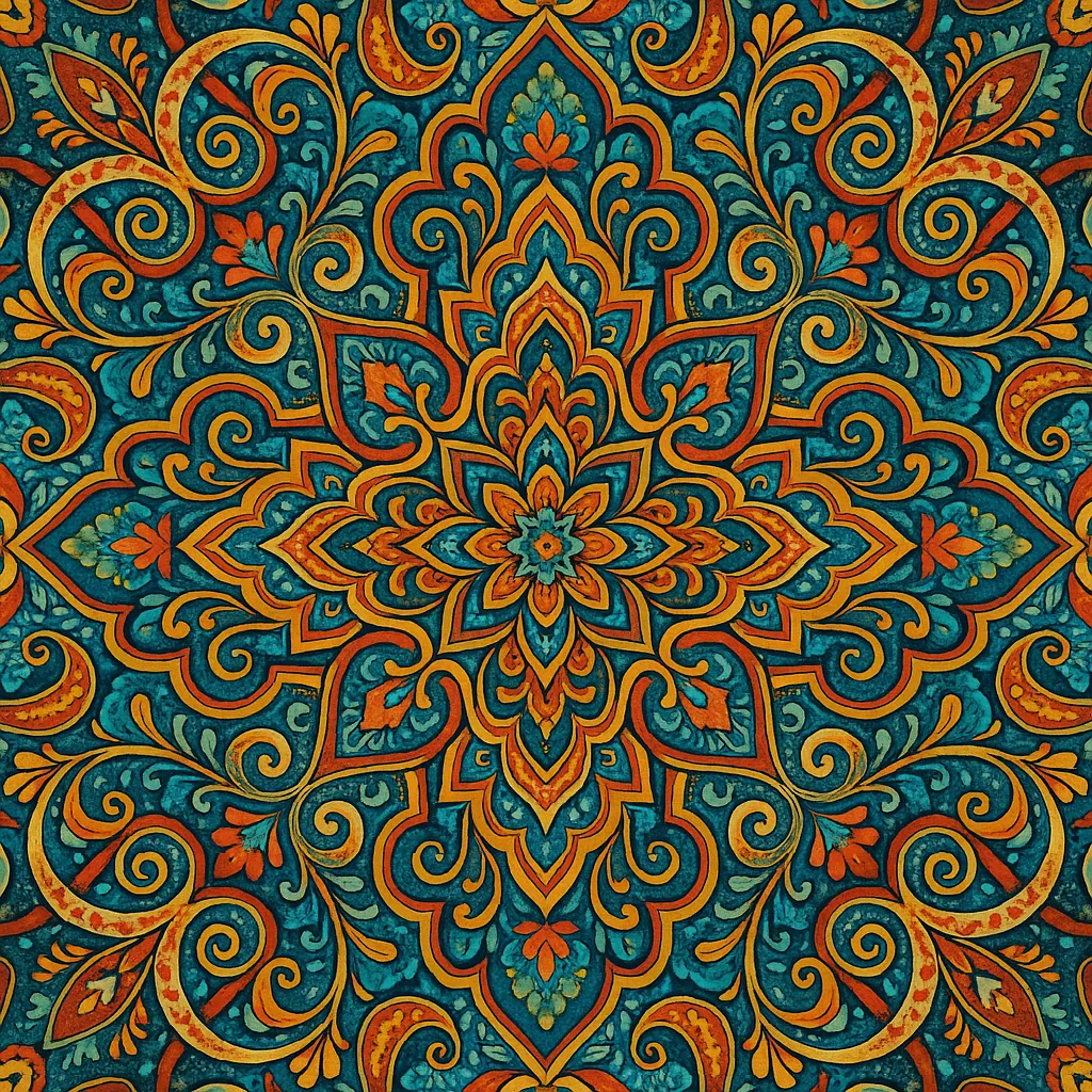This intricate kaleidoscope pattern features a stunning array of swirling shapes and vivid colors.