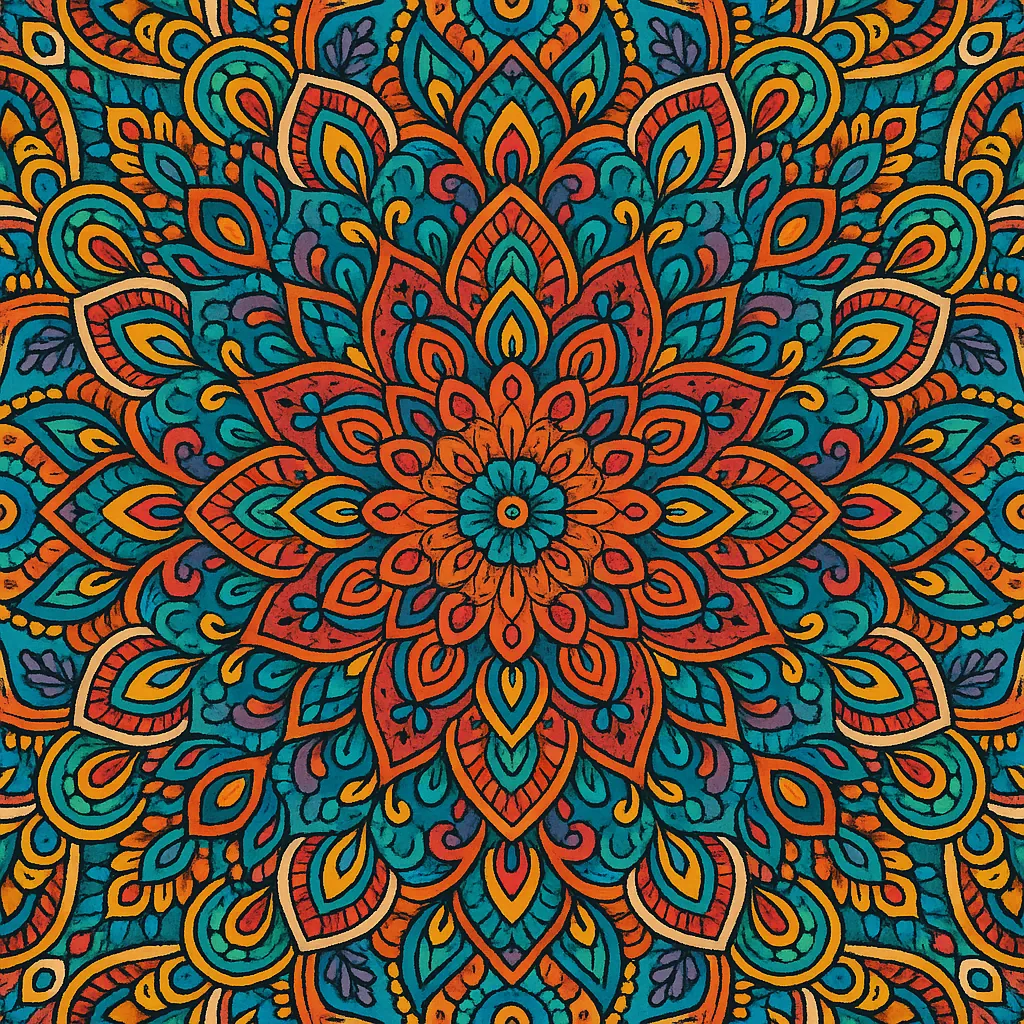 This image showcases a vibrant mandala pattern featuring an intricate array of shapes and colors.