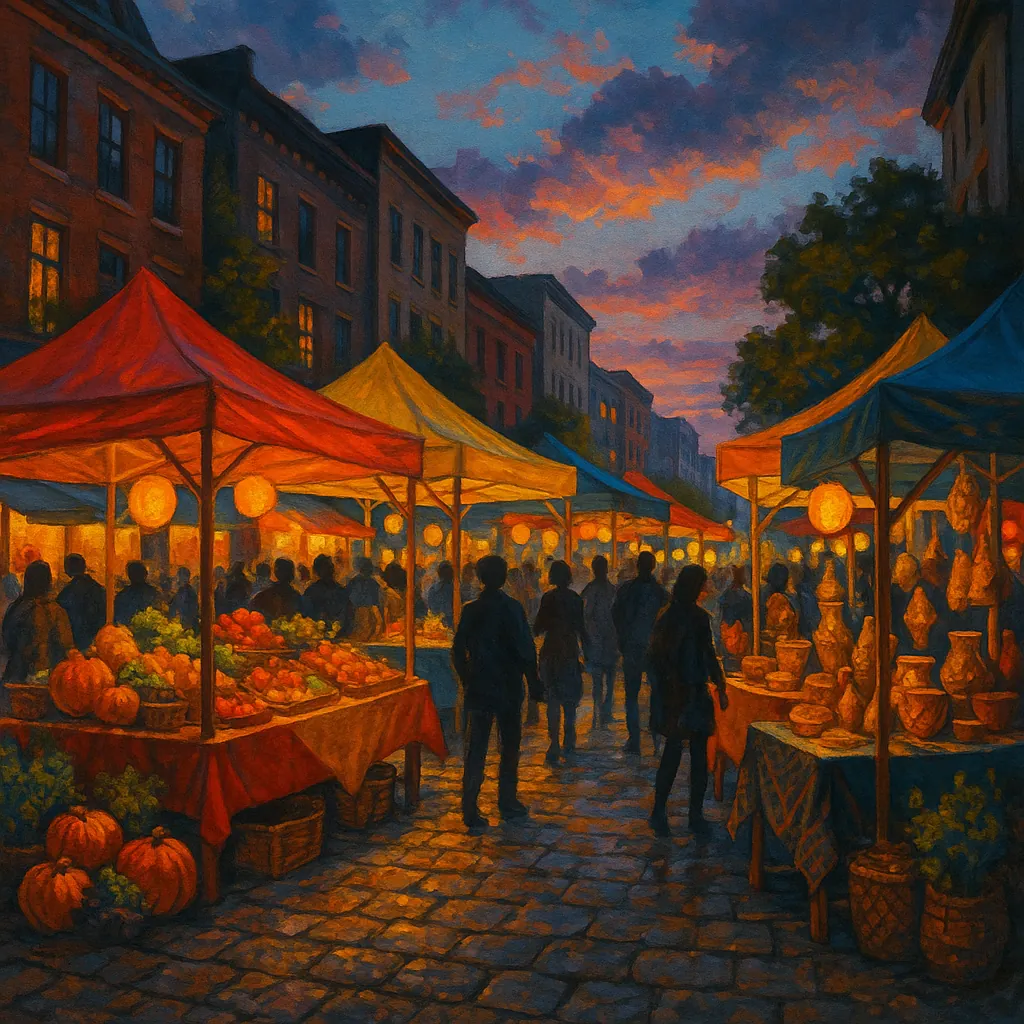 This image captures a lively city street market at dusk, featuring colorful stall canopies in shades of red, yellow, and blue.