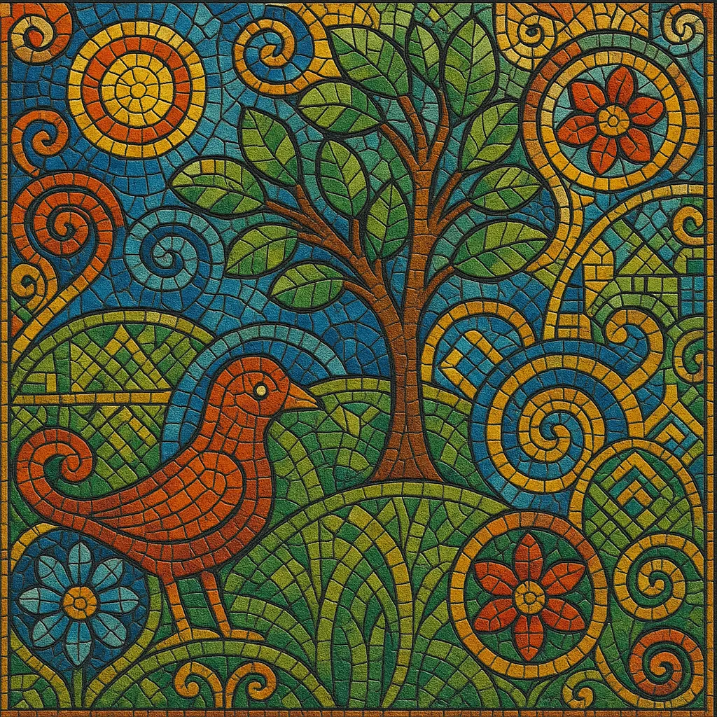 This colorful mosaic artwork features a serene nature scene composed of numerous small tiles.