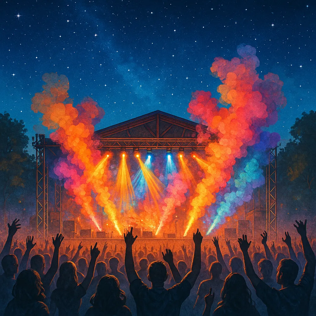 This image captures the lively atmosphere of a music festival under a clear, starry night sky.