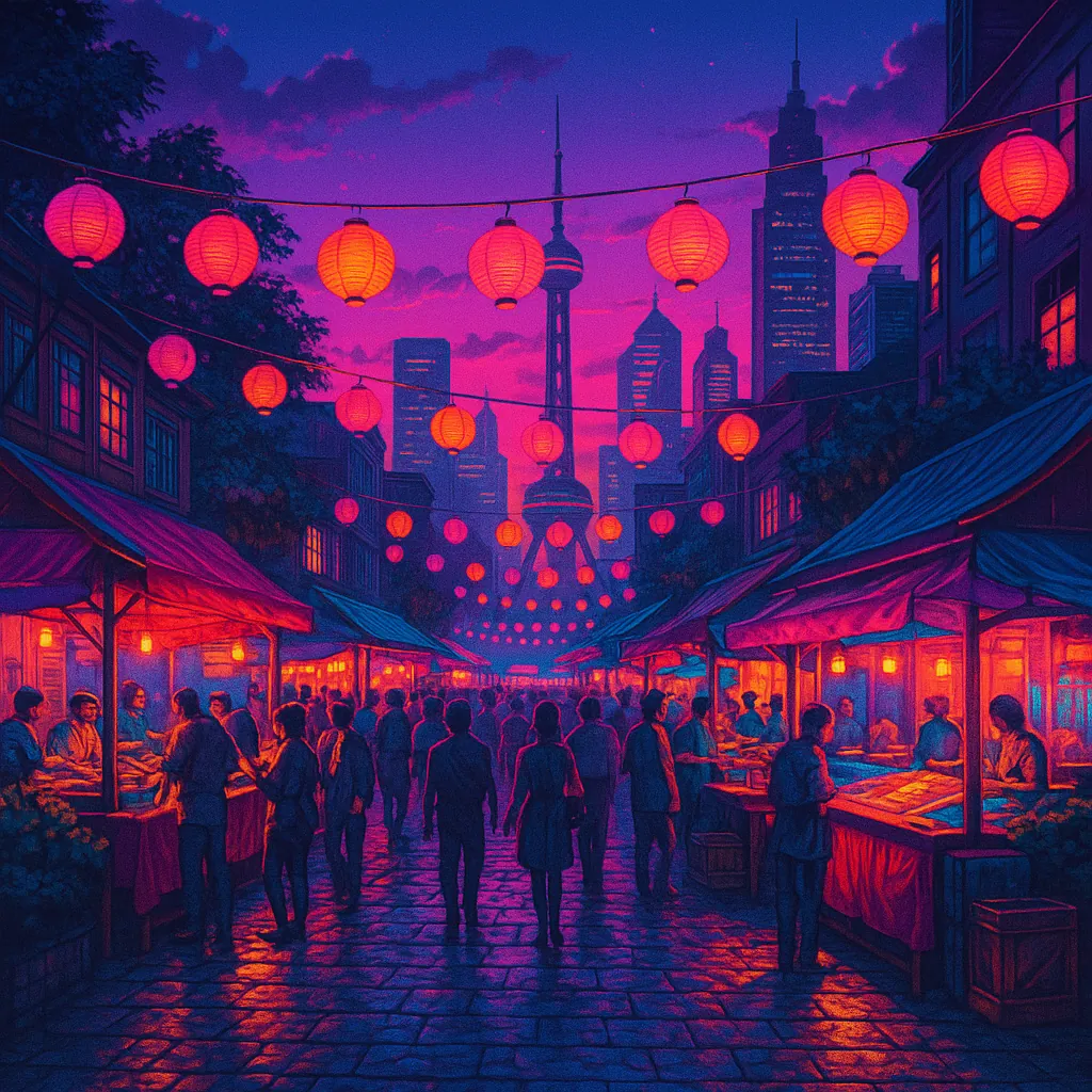 This image captures a bustling city street market at dusk, enveloped in a retro synthwave ambiance.