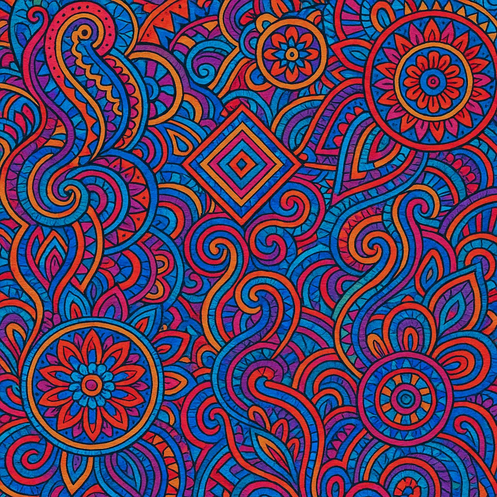 This image showcases a vibrant and intricate design filled with psychedelic color patterns.